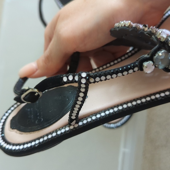 Rene Caovilla Black and Pink Rhinestone Thong Sandals 37 - Picture 9 of 12